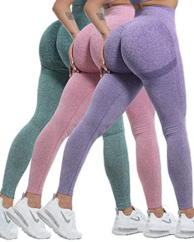 CHRLEISURE Workout Leggings Sets for Women, Gym Scrunch Butt Butt Lifting Seamless Leggings 3 Piece (ForestGreen, Pink, Purple, XL) - Image 1