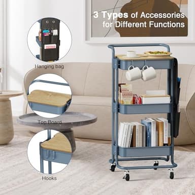 DTK 3 Tier Metal Utility Rolling Cart with Table Top and Side Bags, Metal Tray Storage Organizer Cart with Wheels, Art Craft Cart with 4 Hooks for Kitchen Bathroom Office Living Room (Blue) - Image 5