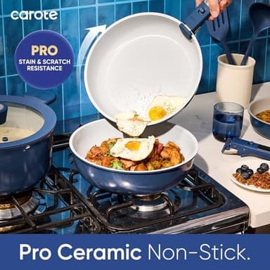 CAROTE 27pcs Ceramic Cookware Set Nonstick, Pots and Pans Set Non Stick, Non Toxic Cookware Detachable Handles, Dishwasher/Oven Safe, RV/Camping Cookware, Pan and Pot with Kitchen Utensils, Navy Blue - Image 5
