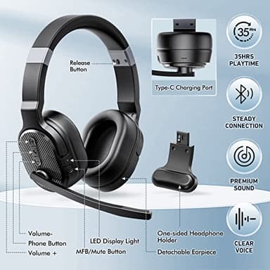COSMUSIS Trucker Bluetooth Headset, Wireless Headsets with Noise Cancelling Microphone, 50+Hrs HD Talktime Bluetooth Headphones with Detachable Earpad/Single+Dual Mode for Office/Driving/Home - Image 7