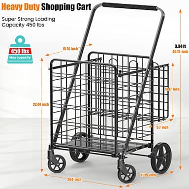 455lbs Shopping Cart for Groceries, Large Heavy Duty Grocery Cart on Wheels, Folding Dual Basket Utility Carts with Waterproof Liner, Shopping Carts for Transport, Laundry, Gift, Luggage - Image 2