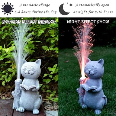 RCTTICUU Cat Solar Garden Statues,Resin Cat Figurine Reading a Book and 7-Color Changing Optical Fiber with Solar Lights, Lawn Decor Outdoor Statue for Patio,Balcony,Yard,Lawn Ornament - Image 5