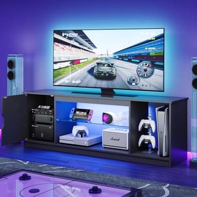 Bestier LED TV Stand for 55/60/65 Inch TV, Gaming Entertainment Center with Cabinet for PS5, Xbox,Modern TV Cabinet with Adjustable Glass Shelves for Living Room, Bedroom 57 Inch,Black - Image 1