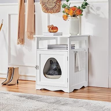 Yaheetech Cat Litter Box Enclosure, Hidden Litter Box Furniture with Open Shelf, Indoor Cat Washroom, Storage Cabinet Pet Crate, Side End Table, Wooden Pet House White - Image 9