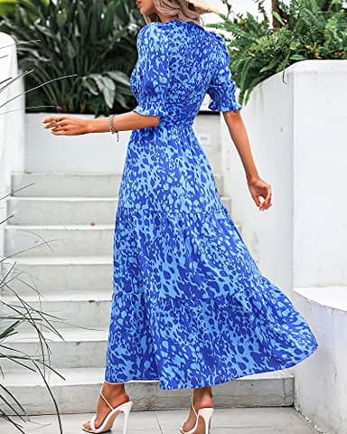 BTFBM Women Casual Summer Dresses 2025 Spring Crew Neck Ruffle Short Sleeve Floral Print Smocked Boho Flowy Maxi Dress(Print Blue, Large) - Image 5