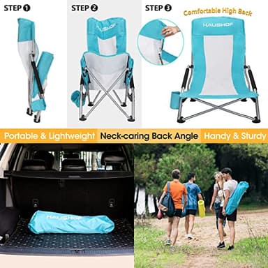HAUSHOF High Back Beach Chair, Mesh Back Folding Chair, Lightweight Low Seat Camping Chairs with Cup Holder, Carry Bag, Padded Armrest for Outdoor Beach Lawn Camping Picnic Festival - Image 6