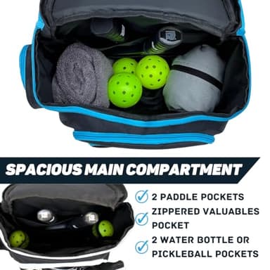 PBAW Pickleball Backpack for Men & Women – Large Gear Bag Fits 4 Paddles, Vented Shoe Compartment, 14 Pockets, Fence Hook, Dual XL Bottle Holders - Black/White - Image 3