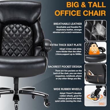 Big and Tall Office Chair for Heavy People, 500LBS High Back Extra Wide Heavy Duty Executive Office Chair Comfortable for Home Office, Large Computer Desk Chair with Adjustable Lumbar Support Black - Image 4