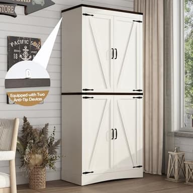 71in Farmhouse Kitchen Pantry Cabinet,Tall Storage Cabinet with 4 Doors and Adjustable shelves,with Load-Bearing Steel Pipe,Wood Storage Cabinets for Kitchen,Dining Room,Bathroom(White - Image 7