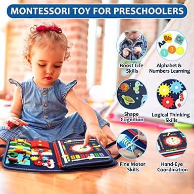 Qizfun Busy Board Montessori Toy for Toddlers, Educational Sensory Learning Toy for Fine Motor Skills, Preschool Travel Toy for Airplane & Car, Gifts for Boys and Girls (Blue/P4) - Image 2