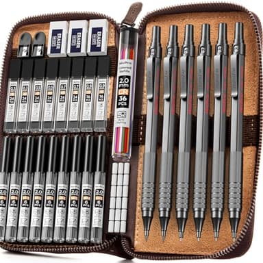 Nicpro 33PCS Black Metal Mechanical Pencil Set in Leather Case, Art Drafting Pencil 0.3, 0.5, 0.7, 0.9 mm, 2mm Lead Holders for Sketching Drawing with 18 Tube (6B 4B 2B HB 2H 4H Colors) Lead Refills - Image 7