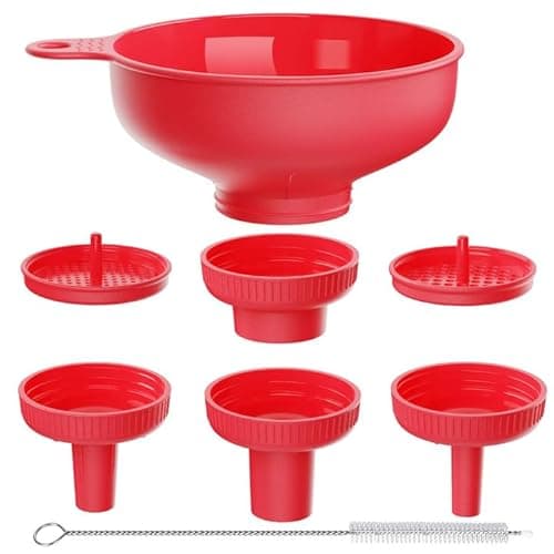 Pisol Wide Mouth Versatile Funnel, Canning Funnels for Kitchen Use, Food Grade Plastic Cooking Funnel Set with 4 Size Spouts and 2 Strainers for Filling Different Bottles and Bags, Red - Image 1