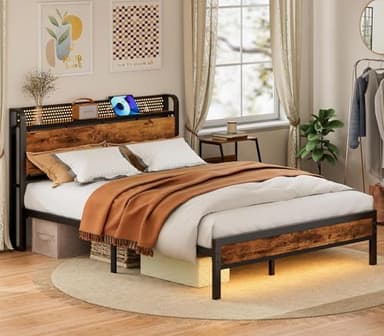 Furnulem Queen Bed Frame with Charging Station and LED Lights,Industrial Platform Beds Queen Size with Storage Headboard,USB Port,Rustic Wood and Strong Metal Support,No Box Spring Needed, Noise Free - Image 8