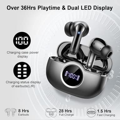 Wireless Earbuds, 2025 Bluetooth 5.4 Headphones Hi-Fi Stereo 3D Bass Ear Buds, 4 ENC Noise Cancelling Mic, 36Hrs USB-C in-Ear Earphones, IP7 Waterproof Workout Sport for Laptop Pad Android iOS, Black - Image 5
