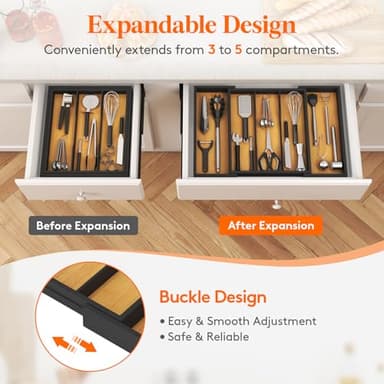 Lifewit Utensil Organizer for Kitchen Drawer, Bamboo Cooking Utensil Tray, Expandable Cutlery Silverware Flatware Holder, Adjustable Spatula Tools Gadgets Storage Divider, Large, Natural and Black - Image 5