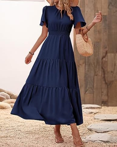 PRETTYGARDEN Women's Summer Casual Short Flutter Sleeve Round Neck Smocked Waist Tiered Boho Floral Flowy Maxi Dress(Solid Navy,Medium) - Image 3