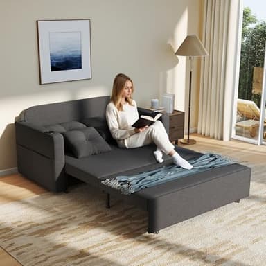 Krcix 3 in 1 Sofa Bed, 56 Inch Convertible Pull Out Couch, Loveseat Sleeper Sofa with Cup Holders, USB, Sofa Couches for Living Room, Bedroom, Apartment, Dark Grey - Image 2