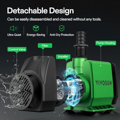 VIVOSUN 800GPH Submersible Pump(3000L/H, 24W), Ultra Quiet Water Fountain Pump with 10ft. High Lift with 6.5ft. Power Cord, 3 Nozzles for Fish Tank, Pond, Aquarium, Statuary, Hydroponics Green - Image 5