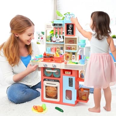 HOLYFUN Kids Kitchen Playset, Kitchen Set for Toddler with Sound and Light, Cooking Stove with Steam, Play Sink and Toy Kitchen Accessories, Pretend Kitchen Toys for Kids Girls Boys, Pink - Image 5
