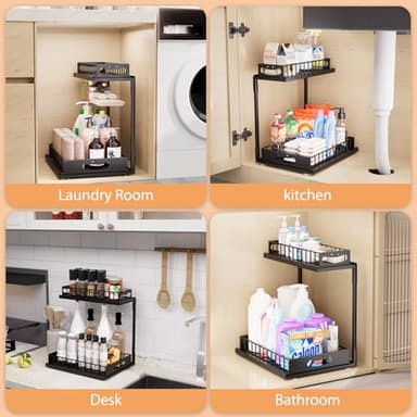 2-Tier Slide-Out Under Sink Organizer Storage Shelf with Smiley Handles, Heavy Duty Metal Slide Out Pull Out Cabinet Shelves, Rustproof Kitchen Bathroom Pantry Storage, Space Saving Design, 2 Pack - Image 6