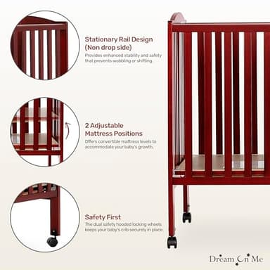 Dream On Me Full-Size 2-in-1 Folding Baby Crib in Cherry GreenGuard Gold & JPMA, Portable, Patented Quick Folding System, Strong Wheels, 2 Adjustable Mattress Heights - Image 4