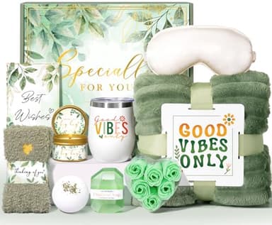 Self Care Gifts for Women, Get Well Soon Care Package for Women w/Blanket, Relaxing Spa Baskets Birthday Gifts for Mom Her Sister Best Friend Wife Girlfriend (Green) - Image 1