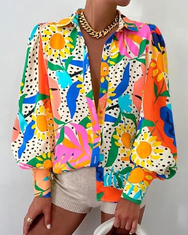 BTFBM Women Fashion Button Down Shirts V Neck Printed Solid Boho Long Sleeve Blouses Dressy Casual Summer Fall Tops(Multi Orange, Large) - Image 4