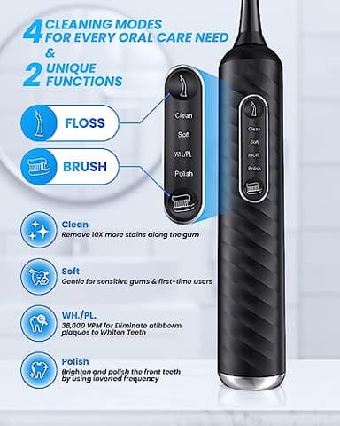 UNINGOPI Electric Toothbrush with Water flosser, 3 in 1 Teeth Cleaning Kit with 7 Modes, Electric Toothbrush and flosser Combofor Adults, Water Flosser Portable for Travel and Home (Black) - Image 3