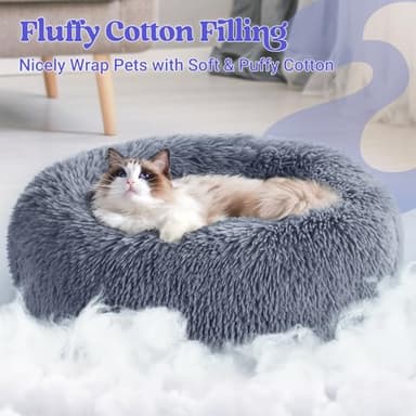 rabbitgoo Cat Beds for Indoor Cats, 20 inches Cat Bed Machine Washable, Fluffy Round Pet Bed Non-Slip, Calming Soft Plush Donut Cuddler Cushion Self Warming for Small Dogs Kittens, Dark Grey, Medium - Image 3