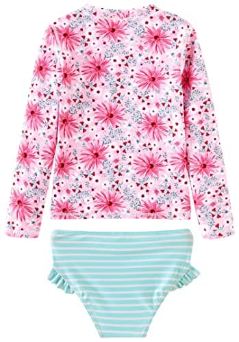 UMELOK Swimsuit Girls' Rash Guard Swimwear Long Sleeve Bathing Suit Pink/Light Green, Daisy 12 - Image 2