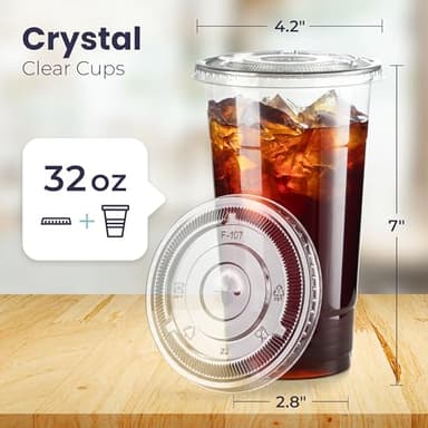 Fit Meal Prep 50 Pack 32 oz Clear Plastic Cups with Flat Lids, Disposable Iced Coffee Cups, BPA Free Premium Crystal Smoothie Cup for Party, Lemonade Stand, Cold Drinks, Juice, Milkshake - Image 2