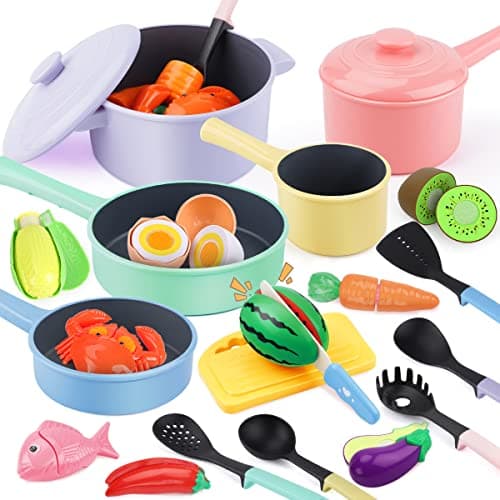 GILOBABY Play Kitchen Accessories, Play Food Sets for Kids Kitchen Playset with Pots and Pans Set, Cooking Utensils, Preschool Learning Education Toys for Toddlers, Birthday Gifts for Girls (Pink) - Image 1