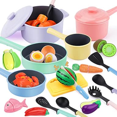 GILOBABY Play Kitchen Accessories, Play Food Sets for Kids Kitchen Playset with Pots and Pans Set, Cooking Utensils, Preschool Learning Education Toys for Toddlers, Birthday Gifts for Girls (Pink) - Image 1