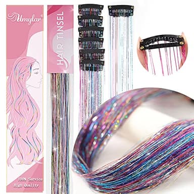 Hair Tinsel Pack of 12 Pcs Colorful Glitter Hair Accessories 20 Inch Clip in Hair Tinsel Extensions Fairy Hair Accessories Party Kit for Women Girls Kids (12Pcs,Colorful#) - Image 2
