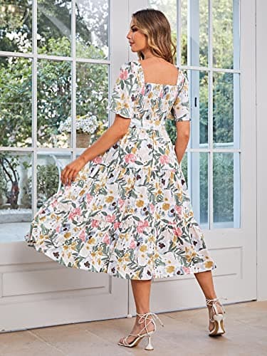 Amegoya Women's Boho Summer Floral Midi Dress Flowy Tiered Flutter Sleeve Square Neck Smocked Maternity Dress (Flower M) - Image 7