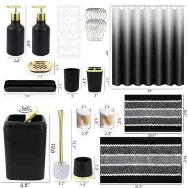 XLHOMO 25PCS Black Bathroom Accessories Sets Complete, with Shower Curtain, Rugs, Trash Can and Toilet Brush, Soap Dispenser, Toothbrush Holder and Cup, Soap Dish, Qtip Holder, Bathroom Decor Sets - Image 8