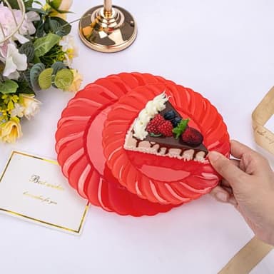 U-QE 100Pcs Red Plastic Plates - Red Scalloped Plastic Plates for Party - Heavy Duty Plastic Plates Disposable Include 50 6 '' Dessert Plates, 50 9 '' Dinner Plates Suite for All Occasions - Image 2