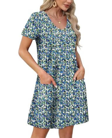 OFEEFAN Beach Vacation Clothes for Women Fashion Casual Summer Dresses for Women 2025 Loose V Neck Short Sleeve T Shirts Dress with Pockets Vacation Sundresses Floral 07 L - Image 3