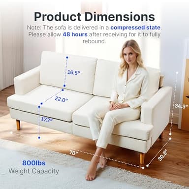 FLEXISPOT 70" Loveseat Sofa Couch for Living Room with Deep Seat, Solid Wood, Removable Cover, Modern Sofa Couch for Apartment Office Bedroom, Beige (SF1) - Image 2