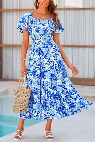 PRETTYGARDEN Women's Casual Summer Midi Dress Puffy Short Sleeve Square Neck Smocked Tiered Ruffle Dresses (Floral Blue,Medium) - Image 6