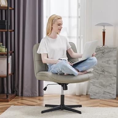 Sweetcrispy Criss Cross Legged Chair, Armless Office Desk Wide Seat No Wheels, PU Leather Swivel Height Adjustable Comfy Computer Task Seating Modern Home Room - Khaki Grey - Image 6