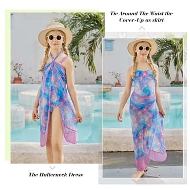 uideazone Girls One Piece Swimsuit with Wrap Skirt Purple Starry Sky Printed Swimwear Size 5 6 Sun Protection Bathing Suit Two Piece Coverups Sets for Beach Surfing - Image 2