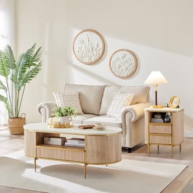 OKD Modern Luxury Fluted Coffee Table, 48" Oval Coffee Table with Drawer, Faux Marble Top, Curved Profile Design, Gold Metal Decor, Center Table for Living Room Natural Oak - Image 6