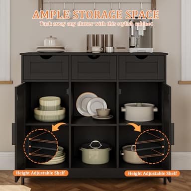 Viaozutis Storage Cabinet, Coffee Bar Cabinet with 2 Adjustable Shelves, 3 Drawers, and 2 Doors, for Bathroom, Kitchen, Living Room (Black) - Image 4