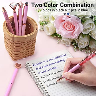 WEMATE 8Pcs Ballpoint Pens Set Metal Crystal Diamond Glitter for Journaling Pink Pen Bling in Black & Blue Ink Pretty Cute Fancy Mothers Day Gift for Women Wedding School Office Desk(Pink) - Image 6