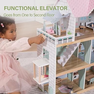 Giant bean Large Pink Wooden Dollhouse with Furniture for Girls with Doorbell, Light,Elevator, 6 Rooms 2.6ft High,15 Pcs Furniture & 3 Dolls, Kids Playhouse Toy for Girls 3-7+, 31.5" x 25" x 12.2" - Image 3