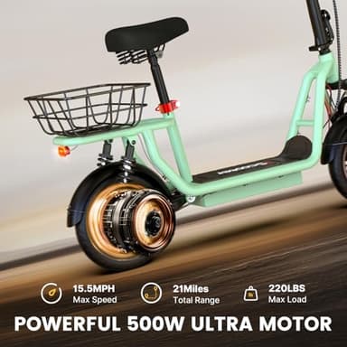 iScooter Electric Scooter with Seat, 21 Miles Long Range & 15.6 Mph Top Speed, 12" Pneumatic Tire, Height Adjustable Seat & Handlebar, Dual Suspensions Commuting Scooter with Basket (Green) - Image 3