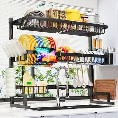 ADBIU Over The Sink Dish Drying Rack (Expandable Height and Length) Snap-On Design 2 Tier Large Dish Rack 31-39.4L x 12W x 34-38H inches - Image 1