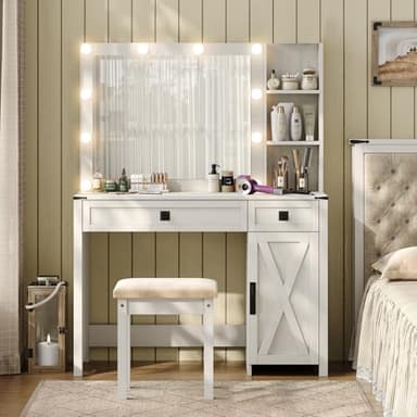 Furniouse 41.6'' Farmhouse Vanity Desk with Mirror and Lights, Makeup Vanity with Large Drawers & Adjustable Shelves, Modern Vanity Set with Stool for Bedroom, Off White - Image 2
