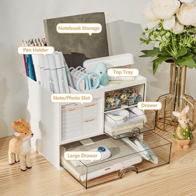 QIYVLOS Desk Organizer with 3 Drawer, Multi-Functional Pencil Pen Holder for Desk, Desk Organizers and Storage with 8 Compartments, Desktop Organizer for Office Home Art Supplies (White) - Image 2